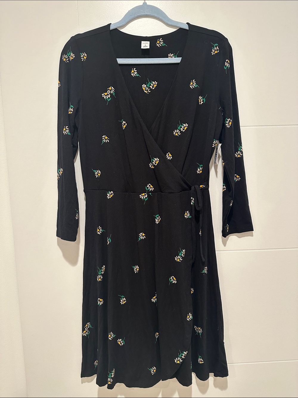 Old Navy Black Wrap Dress with Green and Yellow Floral Print